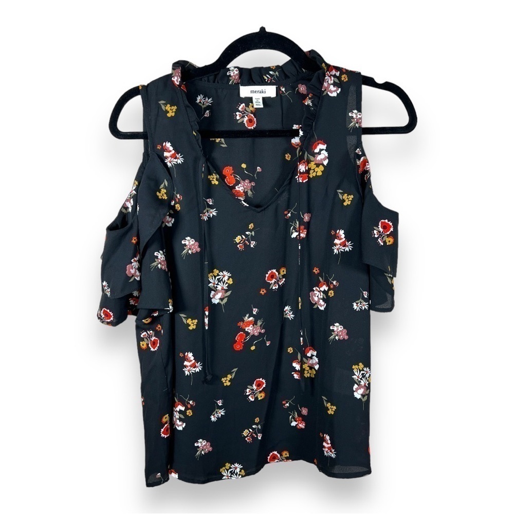 XL MERAKI BLACK FLORAL BLOUSE COLD SHOULDER RUFFLE SLEEVE V NECK TOP